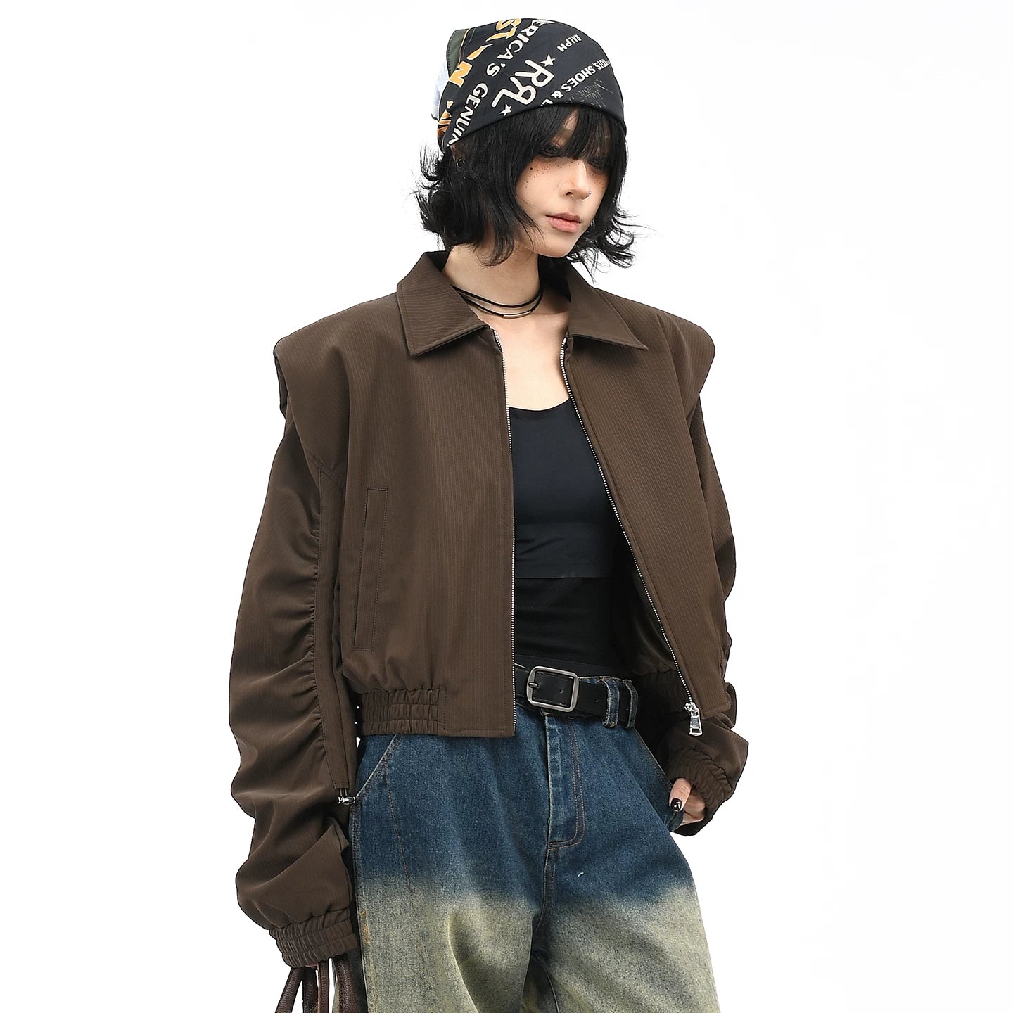OV Original American Retro Shoulder Cushion Coffee Color Short Coat for Women, Autumn Luxury, Casual Collar Jacket, Trendy Top