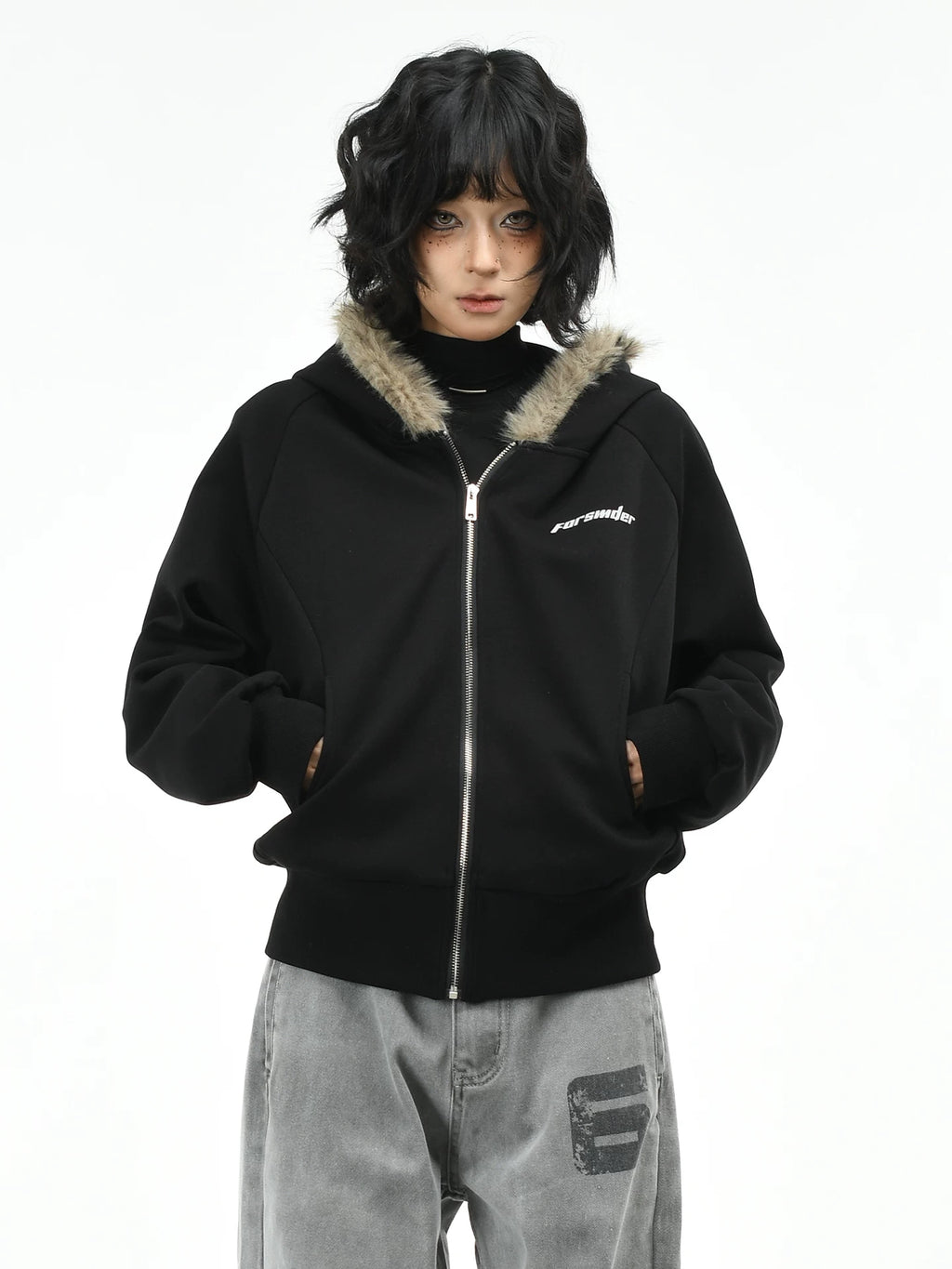 OV original American retro fur collar design zipper jacket women's autumn loose casual short cardigan hooded sweatshirt
