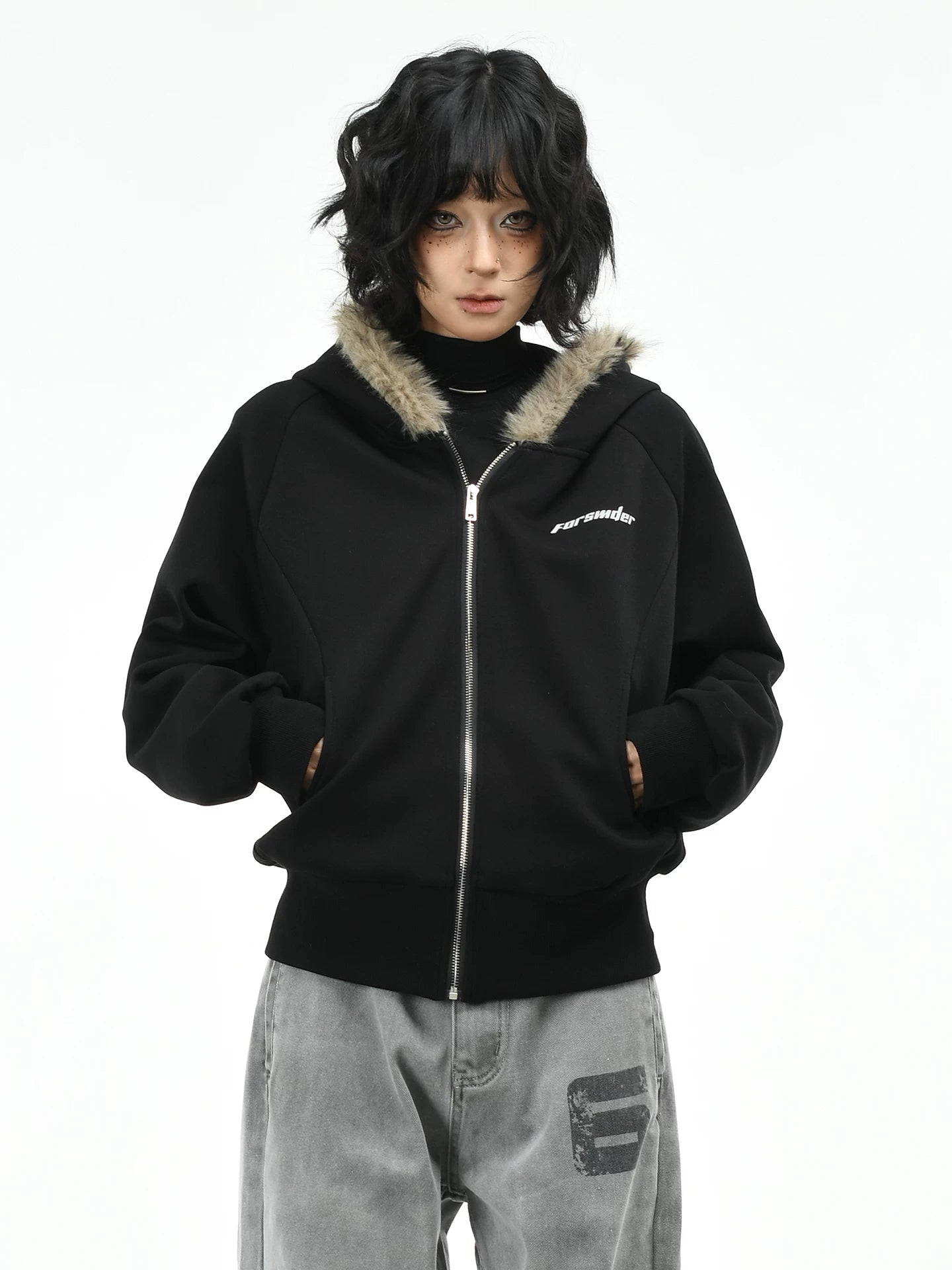 OV original American retro fur collar design zipper jacket women's autumn loose casual short cardigan hooded sweatshirt