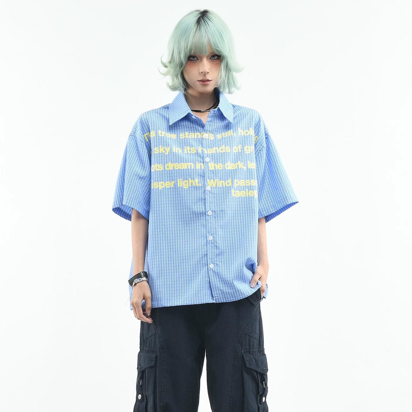 OV original college style letter graffiti checkered short sleeved shirt for women in summer, loose fitting for couples, casual American style shirt for men