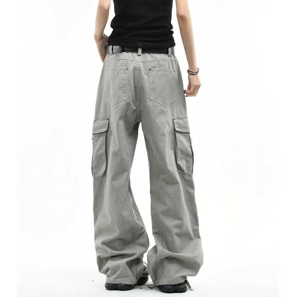 OV original American retro vintage washed multi pocket work pants for men and women, loose wide leg trendy brand couple long pants