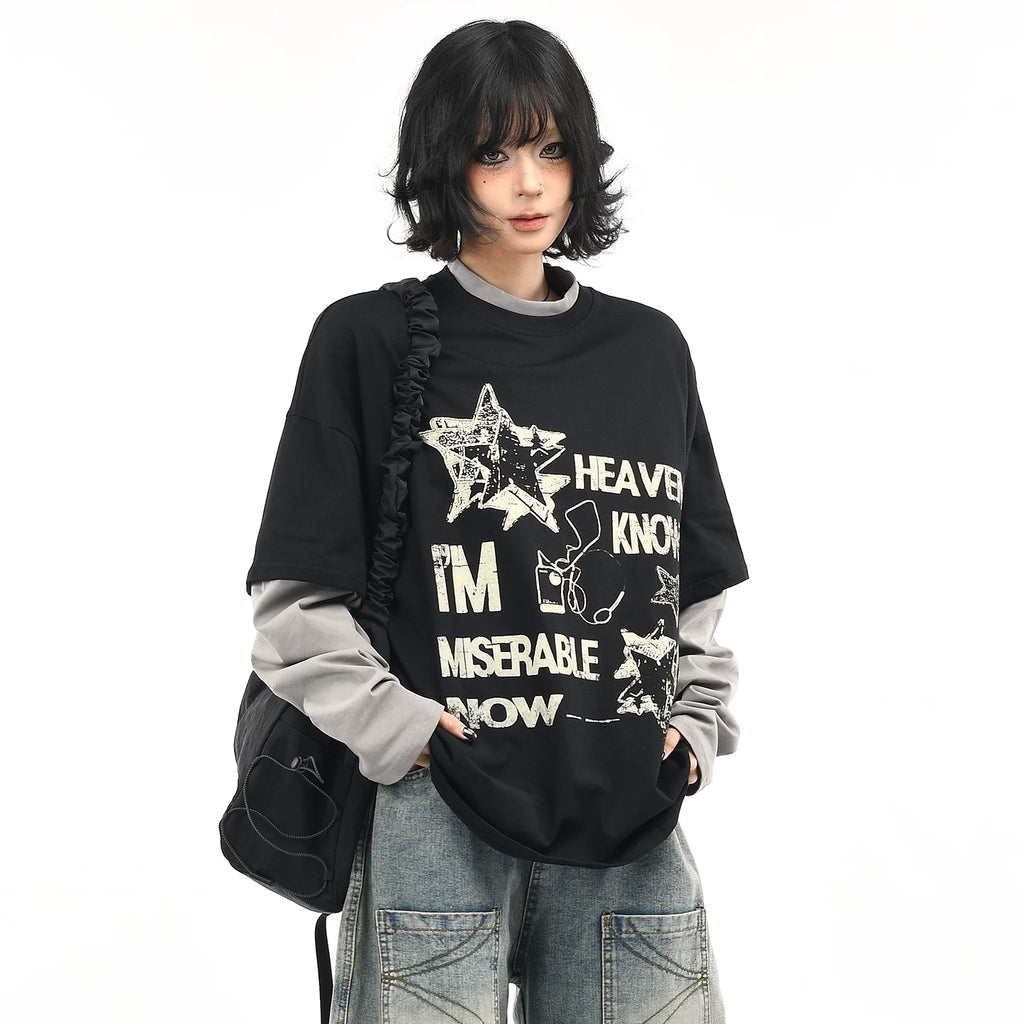 OV original/American retro fake two-piece contrasting splicing long sleeved T-shirt for men and women autumn street loose couple top