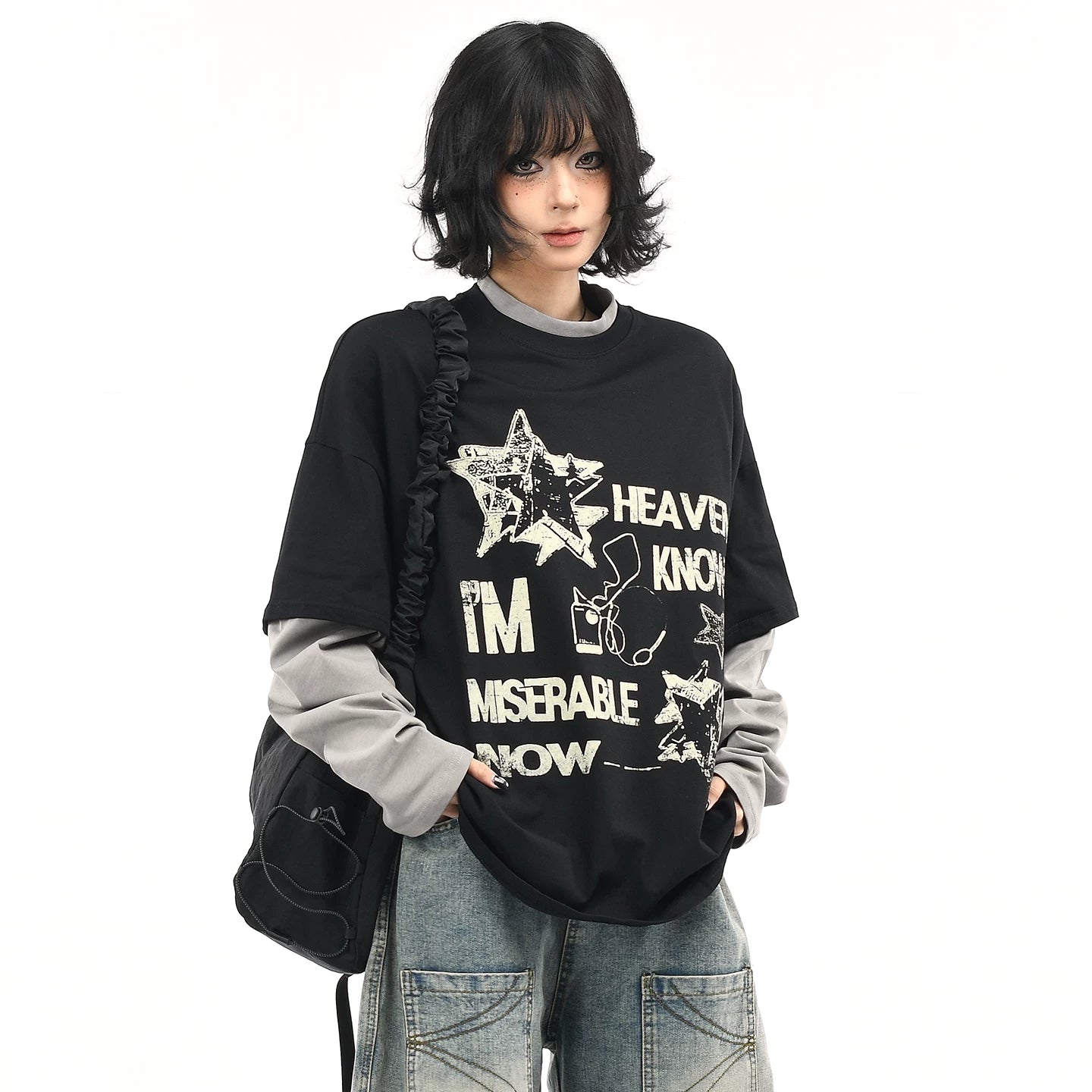 OV original/American retro fake two-piece contrasting splicing long sleeved T-shirt for men and women autumn street loose couple top