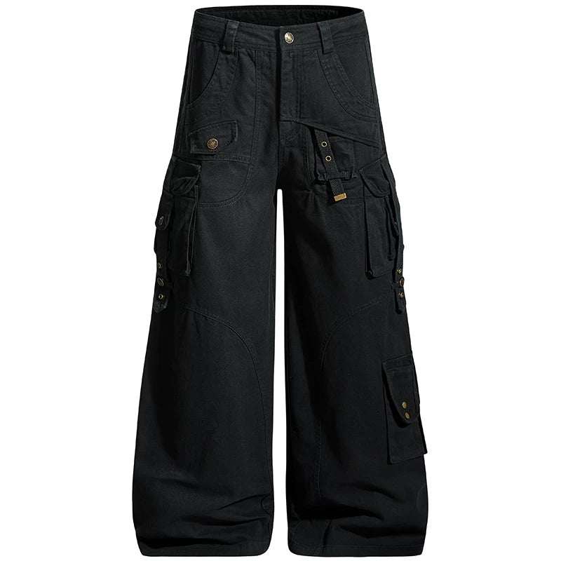 OV original American style multi pocket ribbon functional work pants for women on the street, loose wide leg washed long pants for men, trendy
