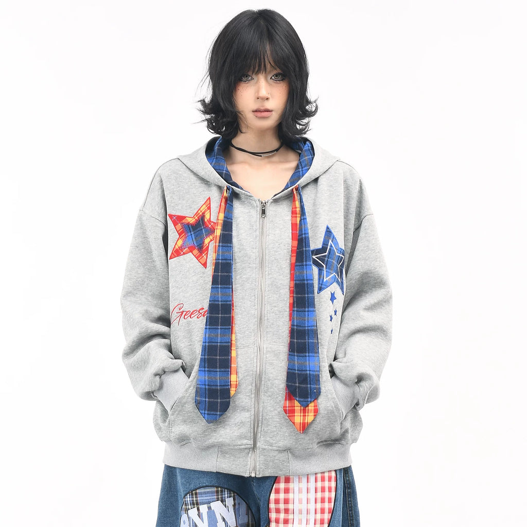 OV original American retro plaid embroidered hooded sweatshirt for women, autumn loose tie design, cardigan jacket for men