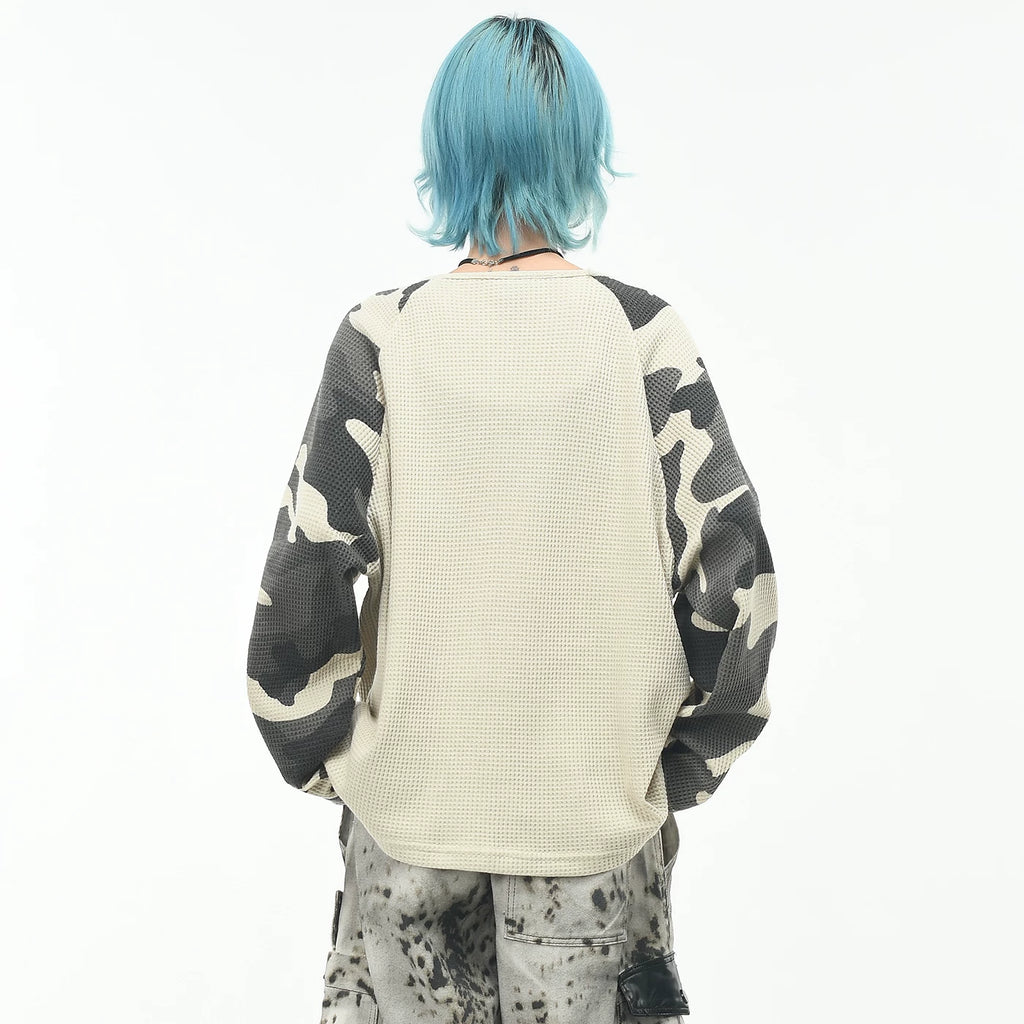 OV original/American camouflage raglan sleeve contrasting long sleeved T-shirt for men and women in autumn Boxy short and wide waffle top trend