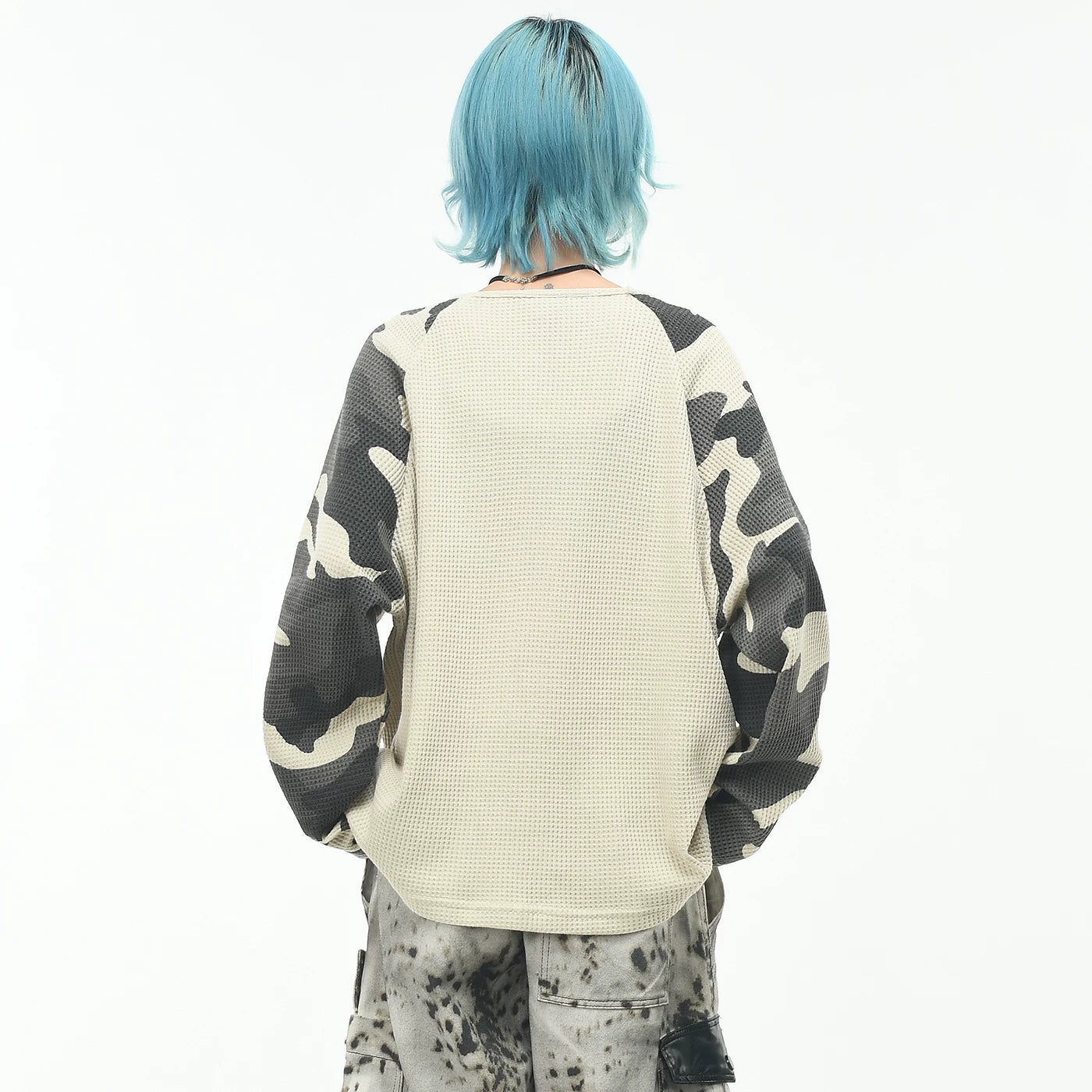 OV original/American camouflage raglan sleeve contrasting long sleeved T-shirt for men and women in autumn Boxy short and wide waffle top trend