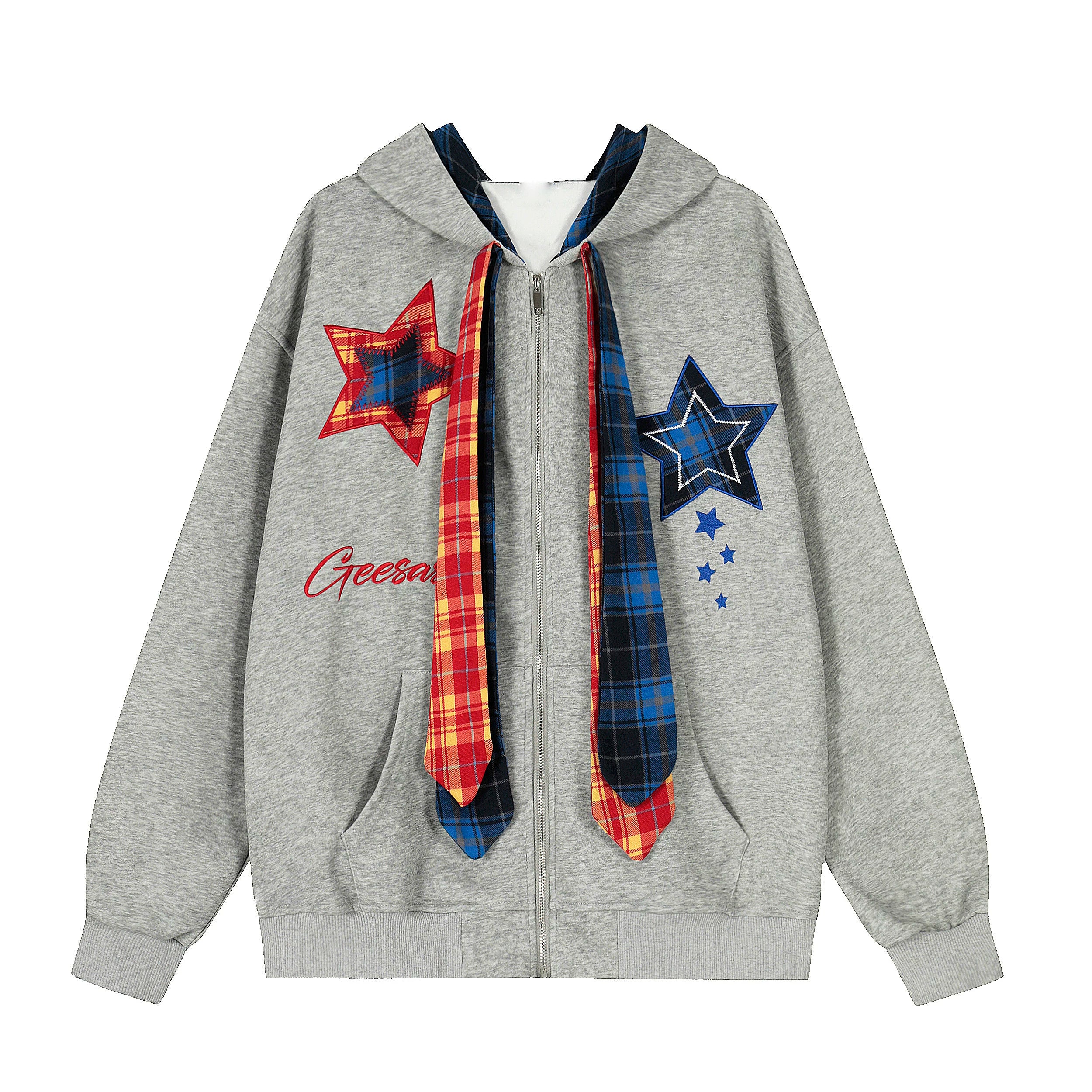 OV original American retro plaid embroidered hooded sweatshirt for women, autumn loose tie design, cardigan jacket for men