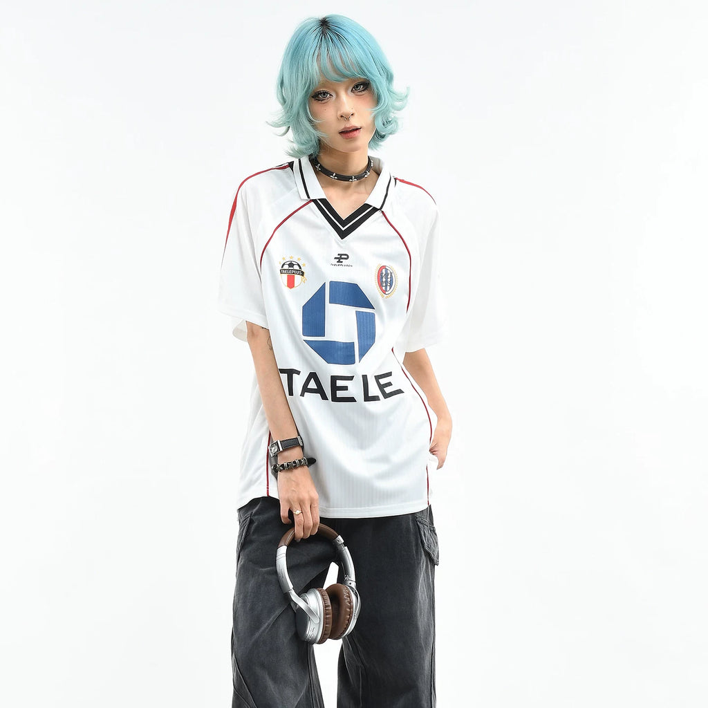 OV original American retro contrasting color jersey sports short sleeved T-shirt women's summer loose V-neck casual couple top men