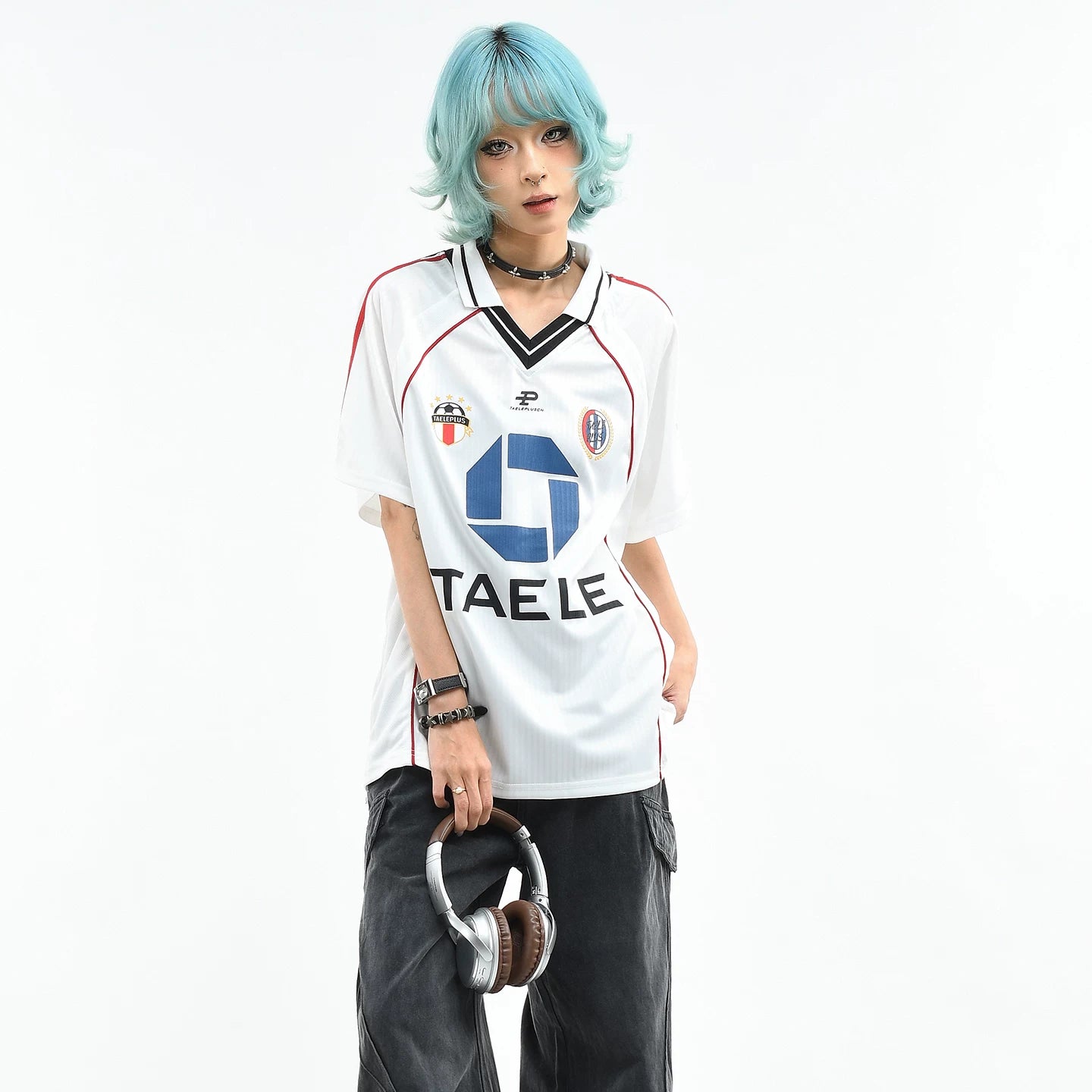 OV original American retro contrasting color jersey sports short sleeved T-shirt women's summer loose V-neck casual couple top men