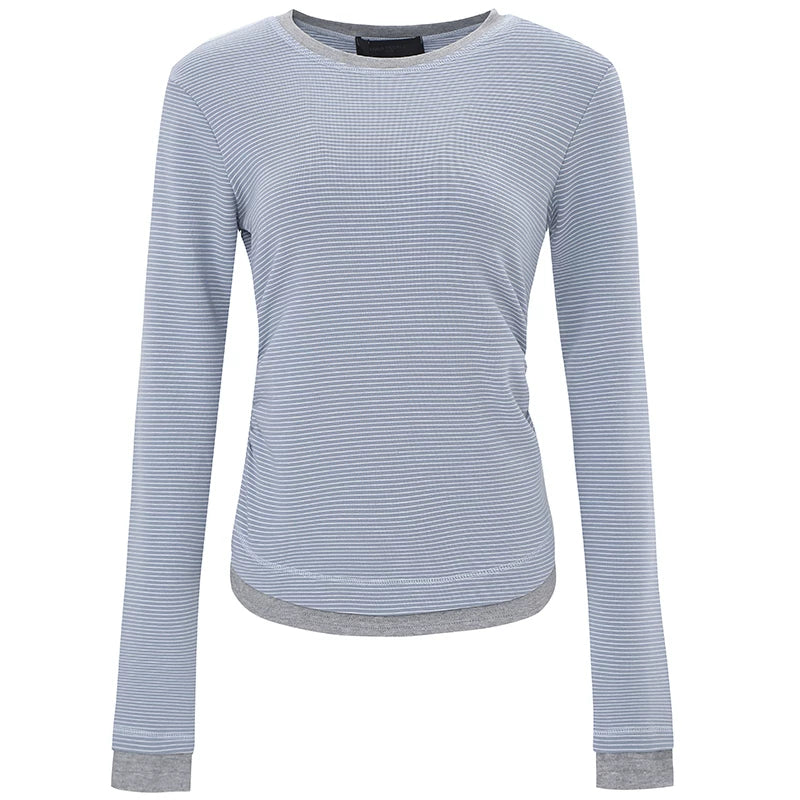 OV original/American retro fake two-piece striped long sleeved T-shirt for women in autumn, shoulder length short, waist cinching and slimming base shirt