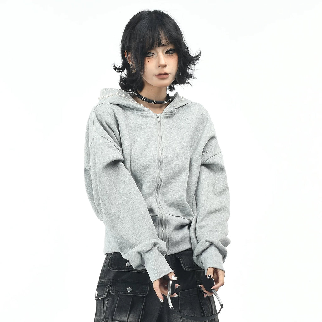 OV original American three-dimensional pearl design sense short hooded sweatshirt for women in autumn lazy style loose cardigan jacket