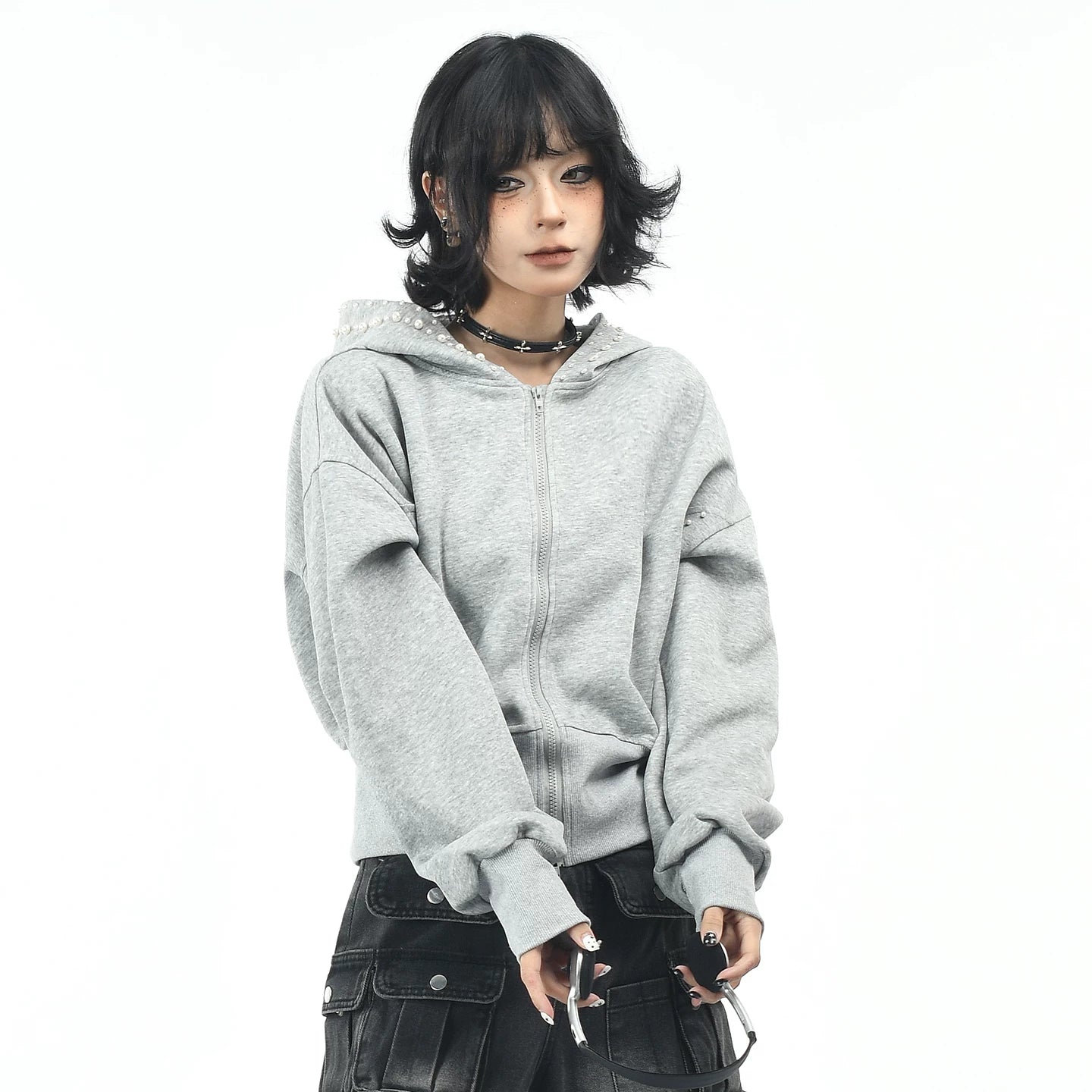 OV original American three-dimensional pearl design sense short hooded sweatshirt for women in autumn lazy style loose cardigan jacket