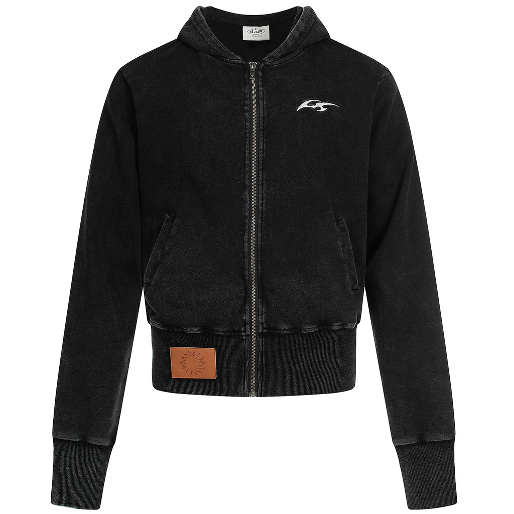 OV original American vintage washed widened thread short hooded sweatshirt for women in autumn, slimming down and waist cinching cardigan jacket