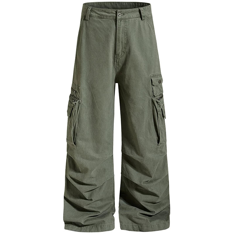 OV original American high street zipper multi pocket washed work pants for men and women, loose straight leg pleated casual pants, trendy