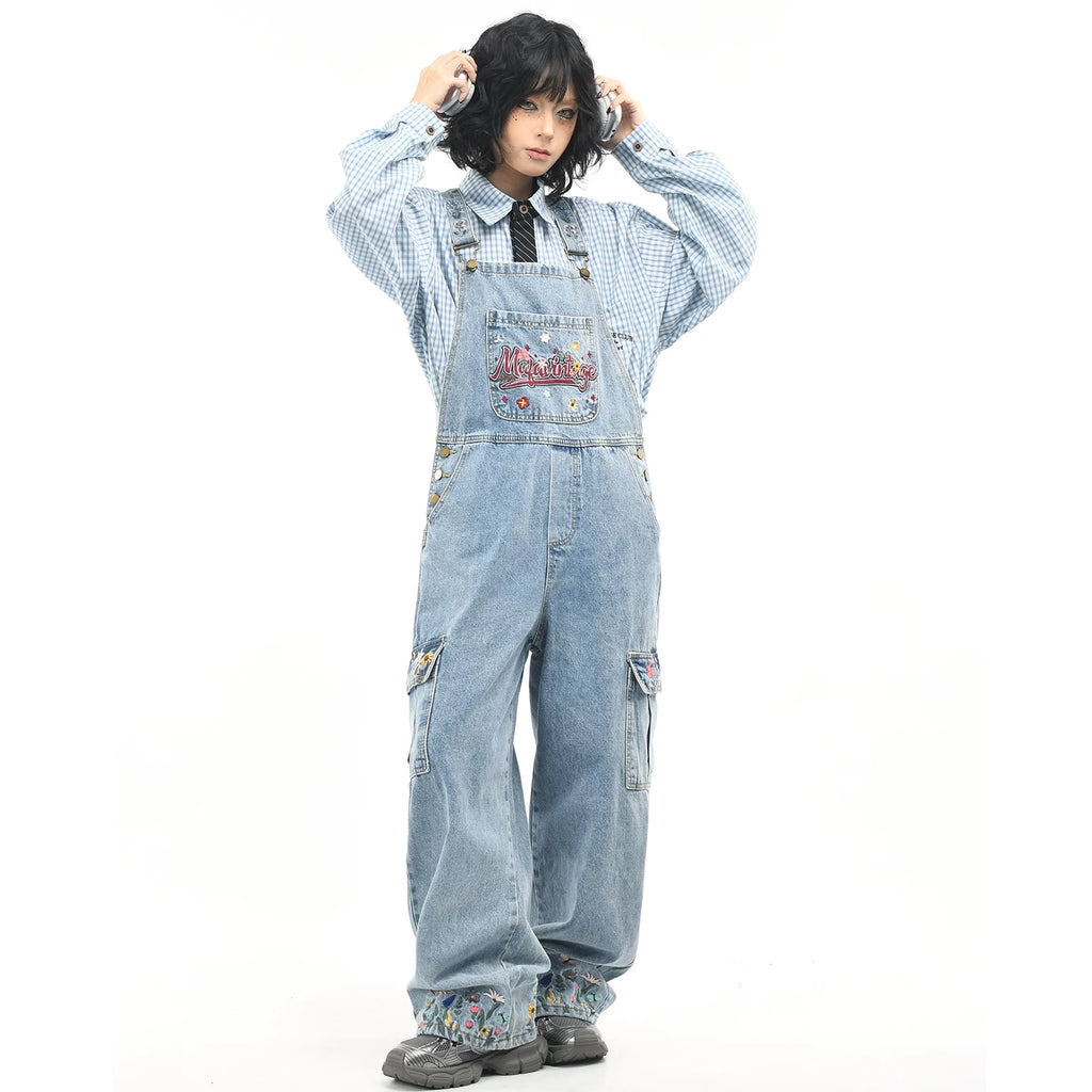 OV original American floral embroidery washed denim overalls for women, retro loose wide leg workwear pants for men