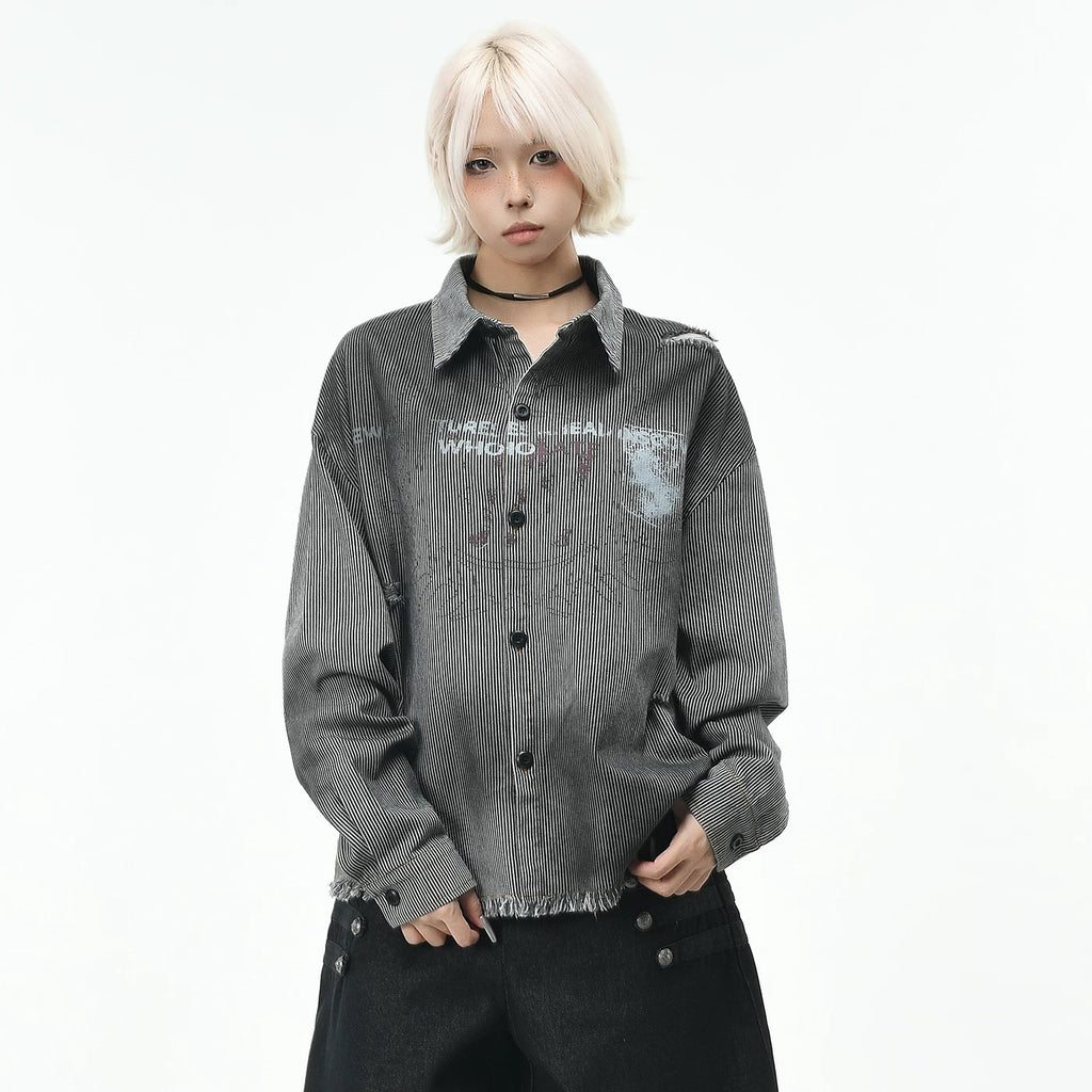 OV original wasteland style vintage striped long sleeved shirt for men and women in autumn, loose gradient perforated and rough edged shirt for the streets