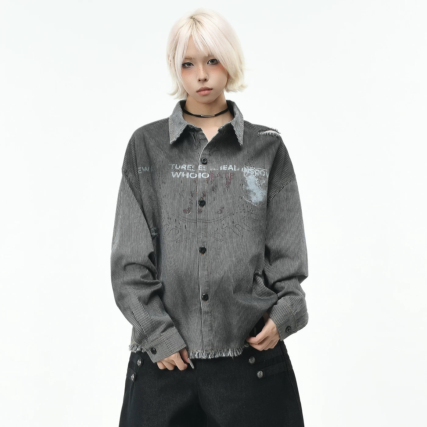 OV original wasteland style vintage striped long sleeved shirt for men and women in autumn, loose gradient perforated and rough edged shirt for the streets