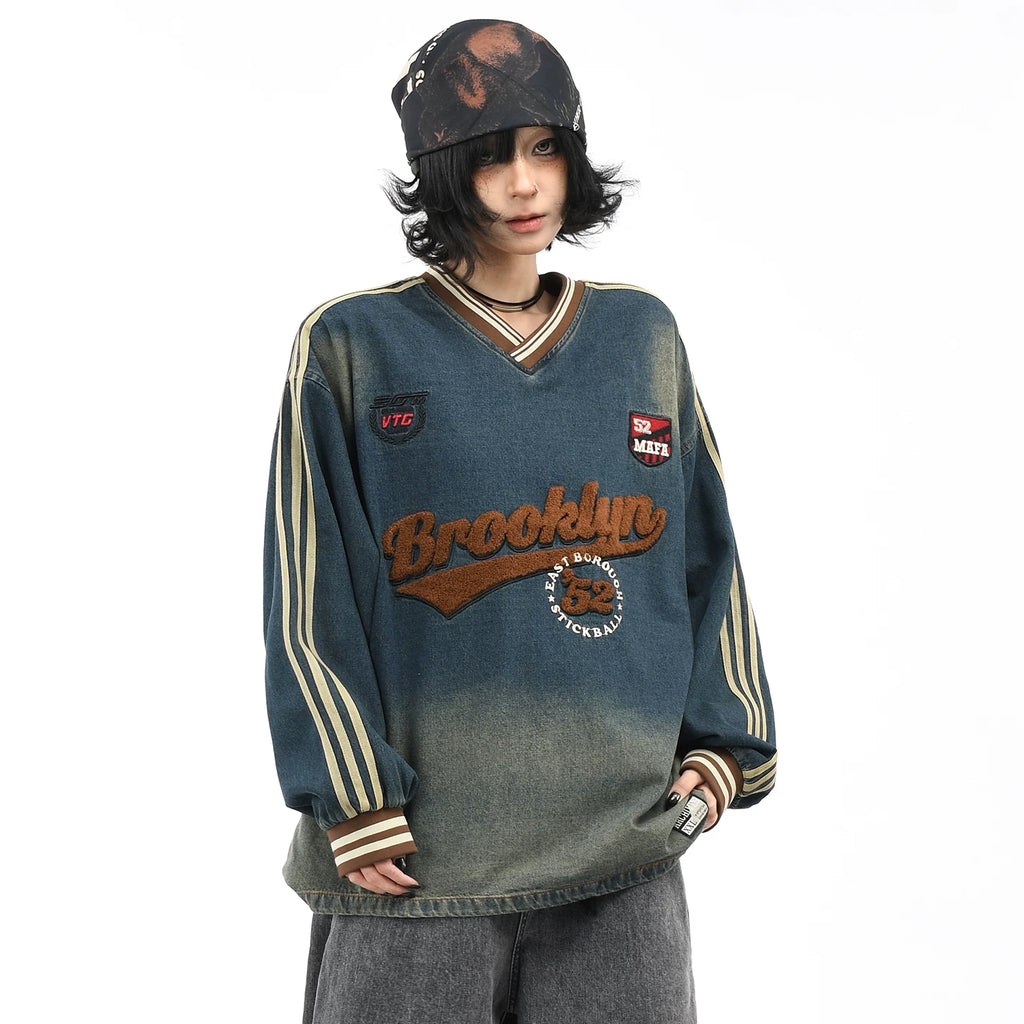 OV original/American college style V-neck washed denim hoodie for men and women, autumn loose towel embroidered retro top trend