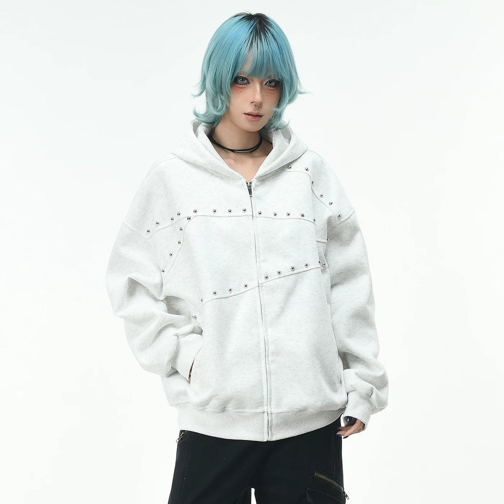 OV original retro deconstruction rivet making old washed hooded sweatshirt women's autumn loose zipper cardigan jacket men's trend