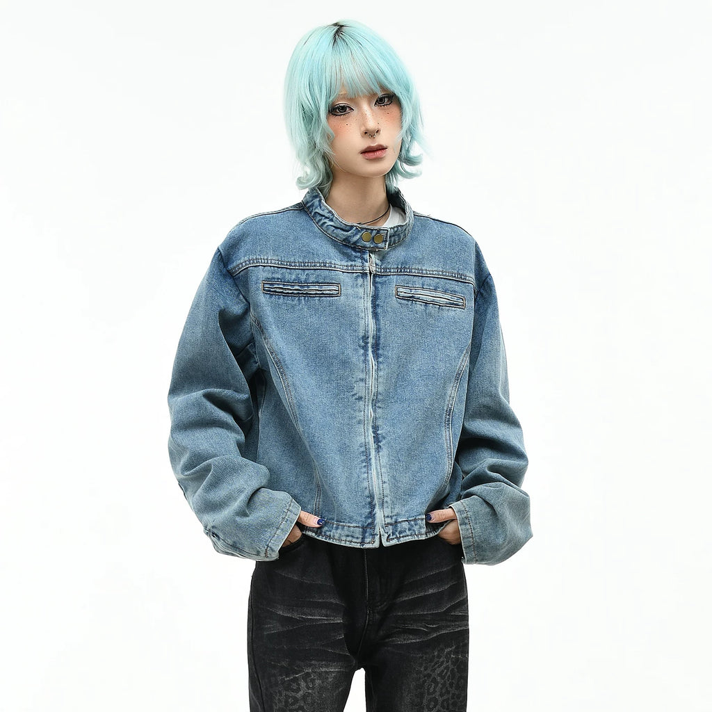 OV original American high street vintage washed denim jacket for women's autumn deconstruction cutting short style slimming stand up collar jacket