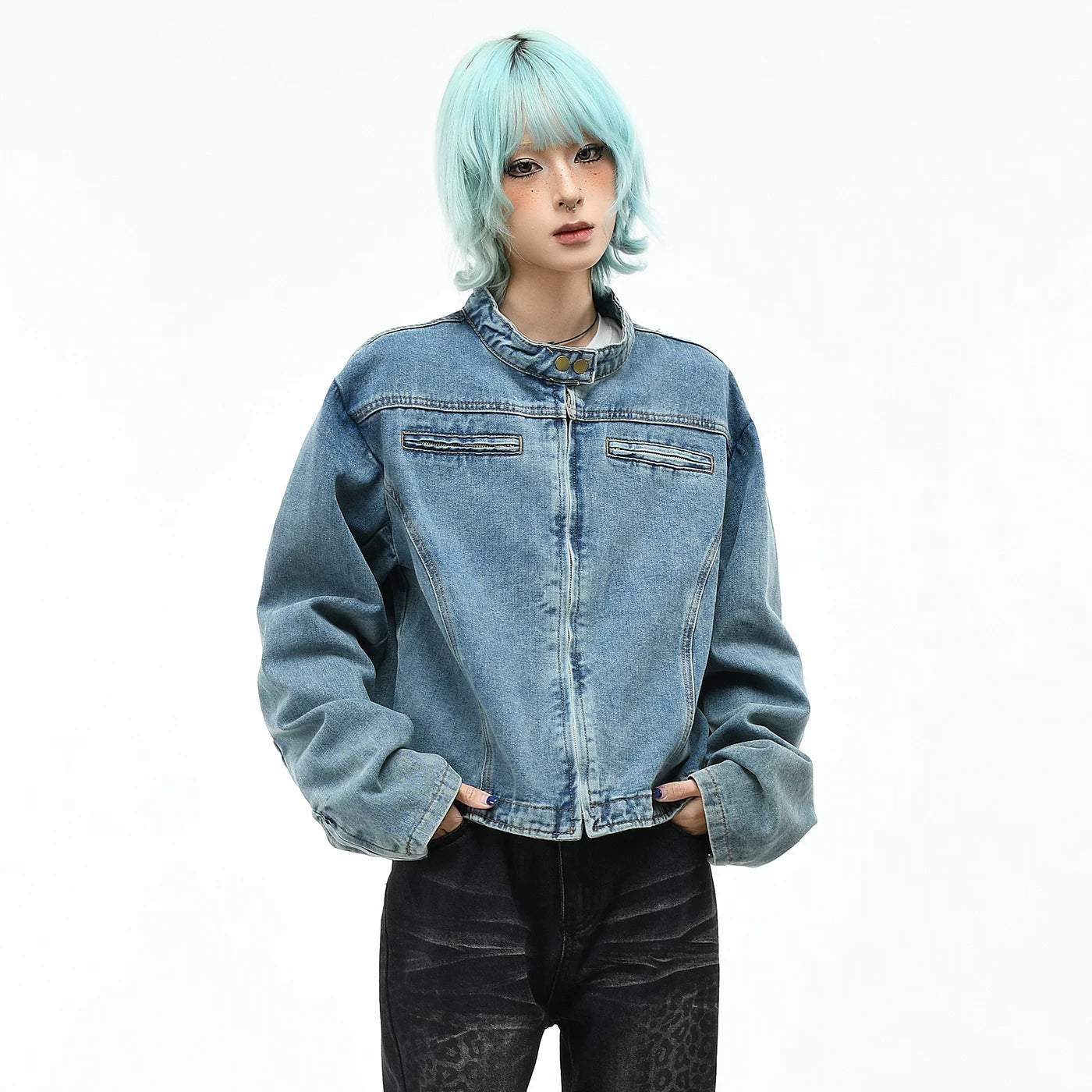 OV original American high street vintage washed denim jacket for women's autumn deconstruction cutting short style slimming stand up collar jacket