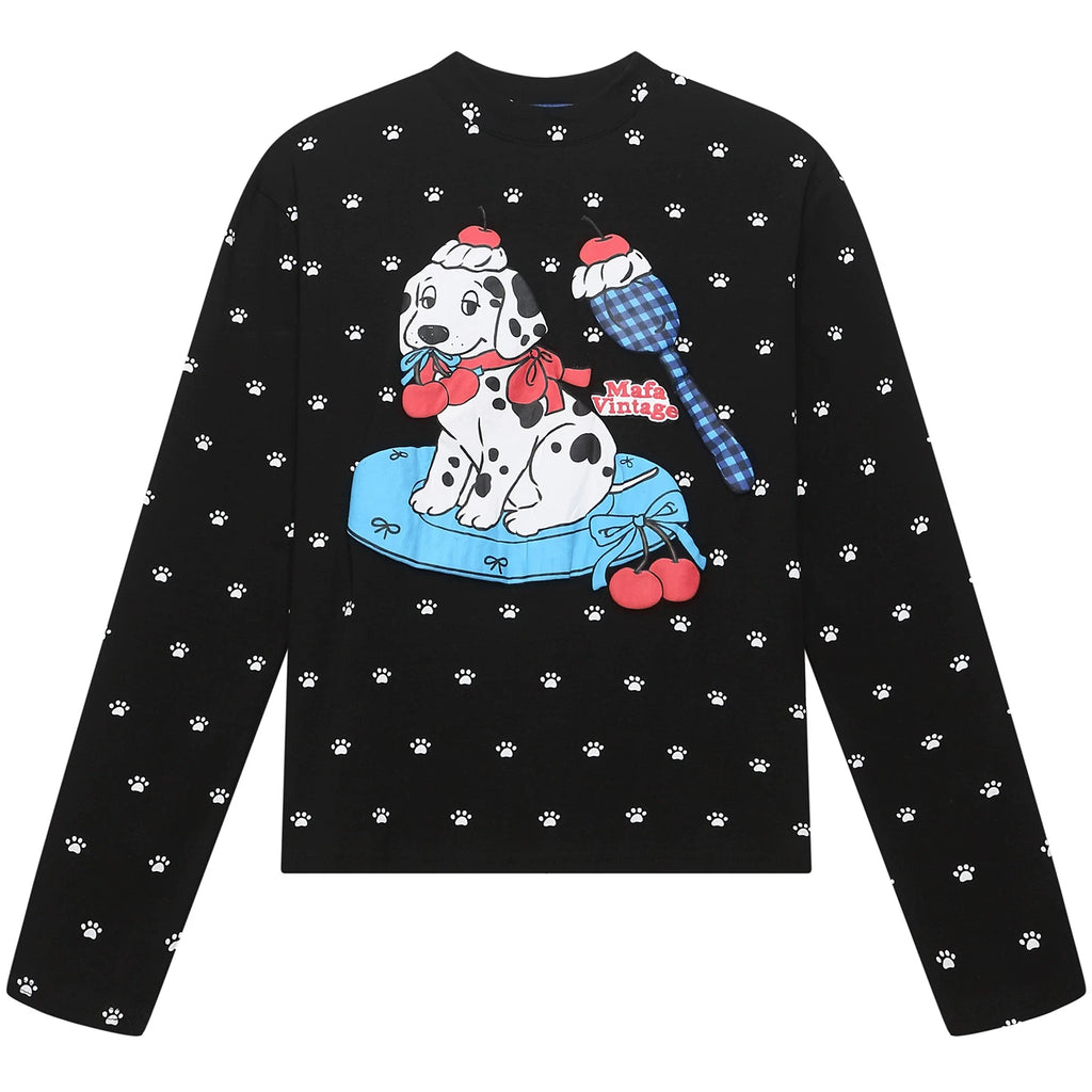OV Original/American Fun Dog Foam Printed Long Sleeve T-shirt for Women Autumn Front Shoulder Short Casual Bottom Top