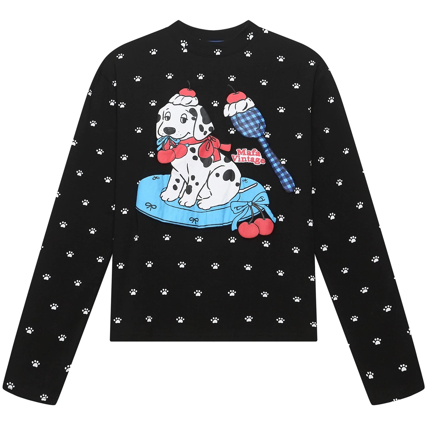 OV Original/American Fun Dog Foam Printed Long Sleeve T-shirt for Women Autumn Front Shoulder Short Casual Bottom Top