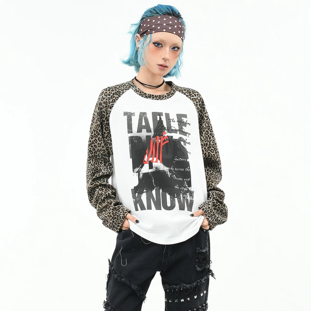 OV original/subculture leopard print raglan sleeve patchwork long sleeved T-shirt for men's autumn loose waffle style spicy girl top for women