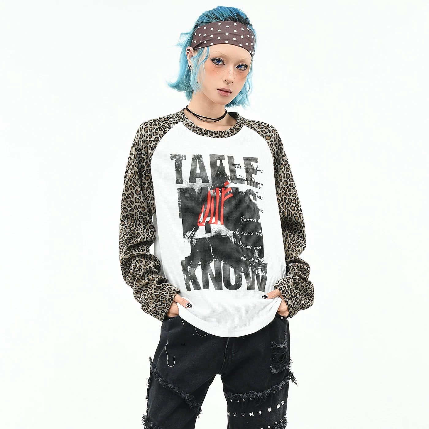 OV original/subculture leopard print raglan sleeve patchwork long sleeved T-shirt for men's autumn loose waffle style spicy girl top for women