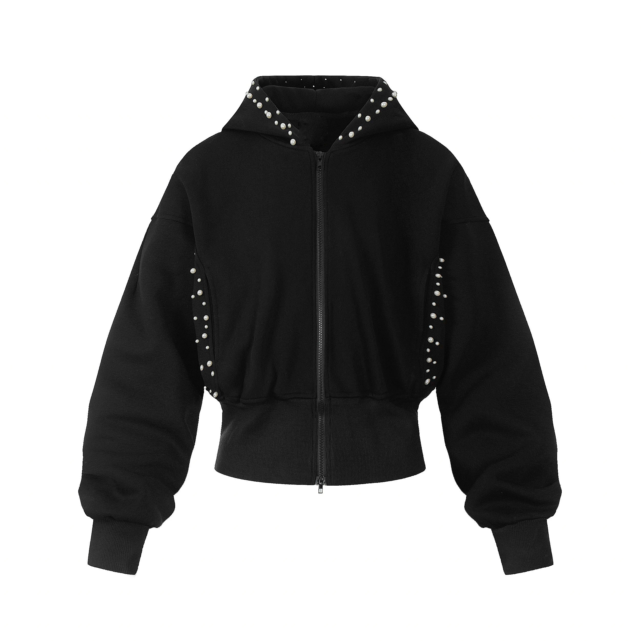 OV original American three-dimensional pearl design sense short hooded sweatshirt for women in autumn lazy style loose cardigan jacket