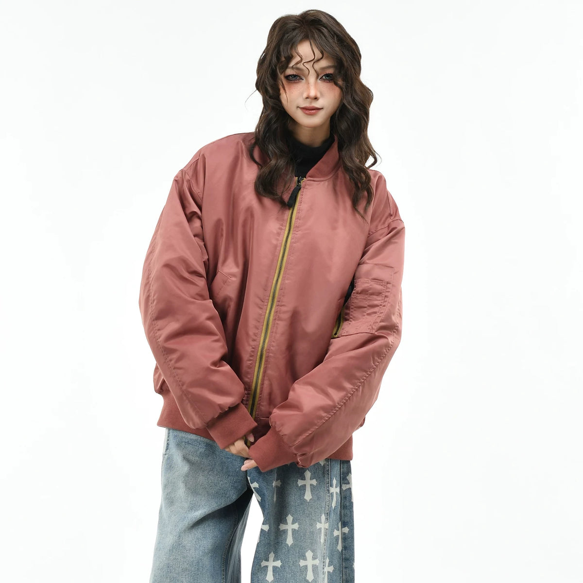 OV Original American Retro Pilot Baseball Jacket with Cotton Jacket for Women's Winter Loose Couple Warm Cotton Coat