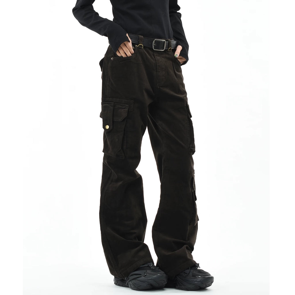 OV original American retro corduroy distressed micro flared casual pants for men and women slim fit multi pocket workwear pants trendy