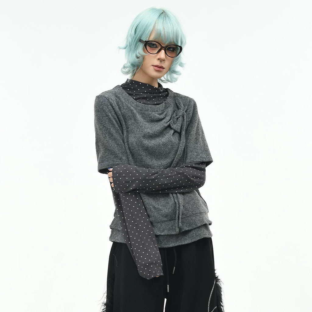 OV Original/Light Yagrei style fake two-piece long sleeved T-shirt for women's autumn slim fit short bow design top