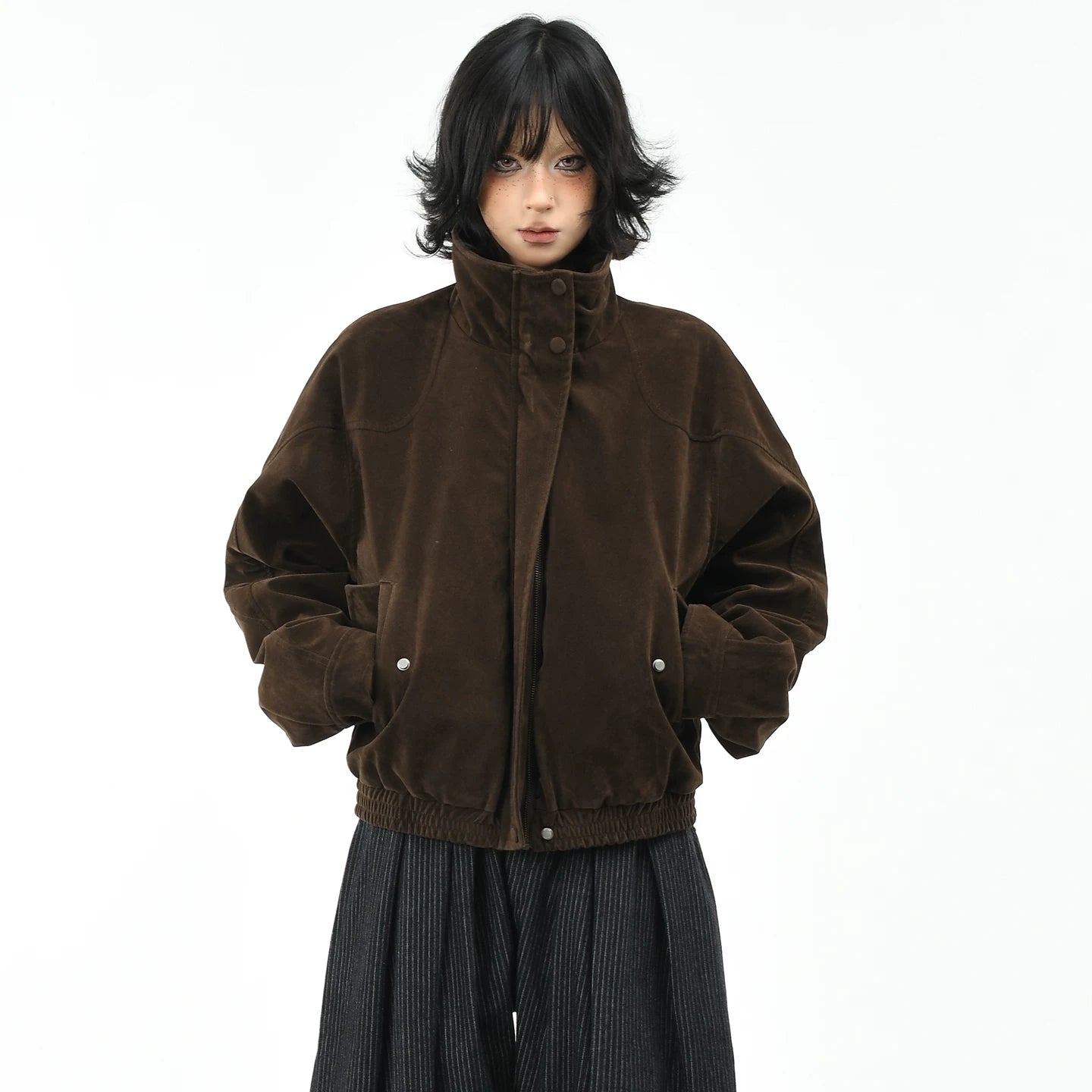 OV original American retro modern leather velvet silhouette warm jacket for women's winter loose short workwear cotton jacket
