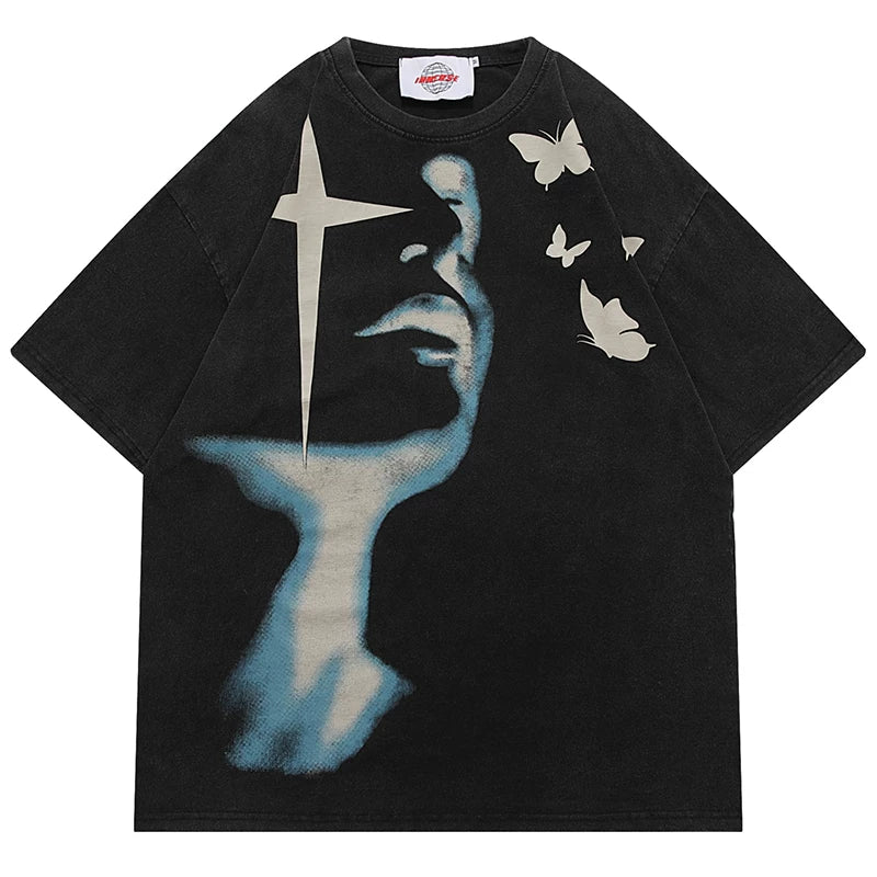 OV original high street retro face print distressed washed short sleeved T-shirt for men and women summer hip-hop loose half sleeved tee
