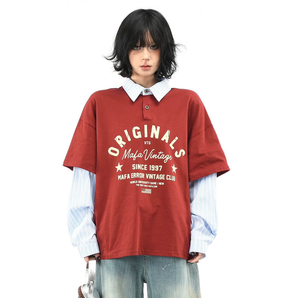 OV Original/American Retro Fake Two Piece Stripe Splicing Collar T-shirt for Men and Women Autumn Street Loose Long Sleeve Polo