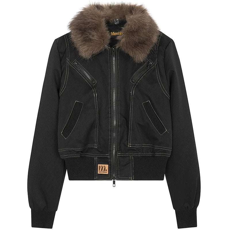 OV Original American Retro Bright Thread Design Warm Cotton Jacket for Women in Winter with Detachable Wool Collar, Short Cotton Jacket, Trendy