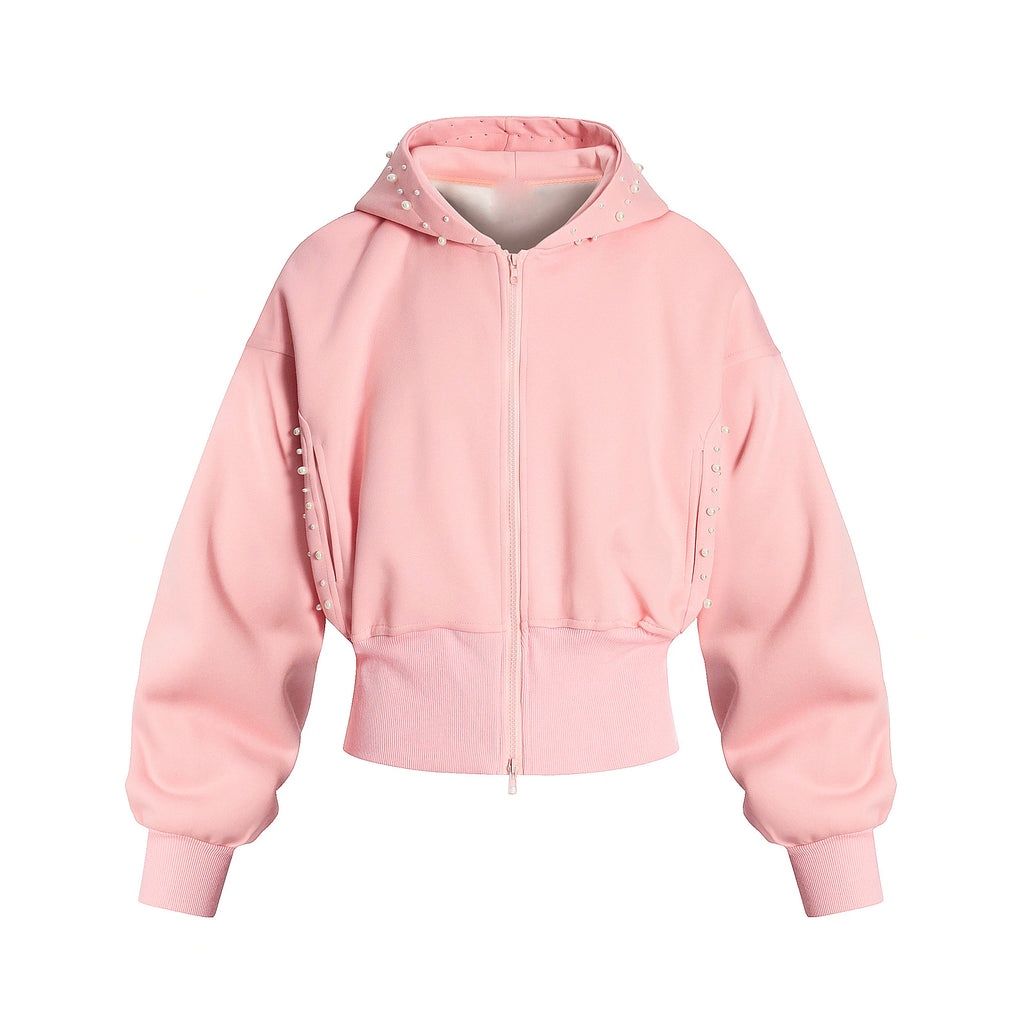 OV original American three-dimensional pearl design sense short hooded sweatshirt for women in autumn lazy style loose cardigan jacket