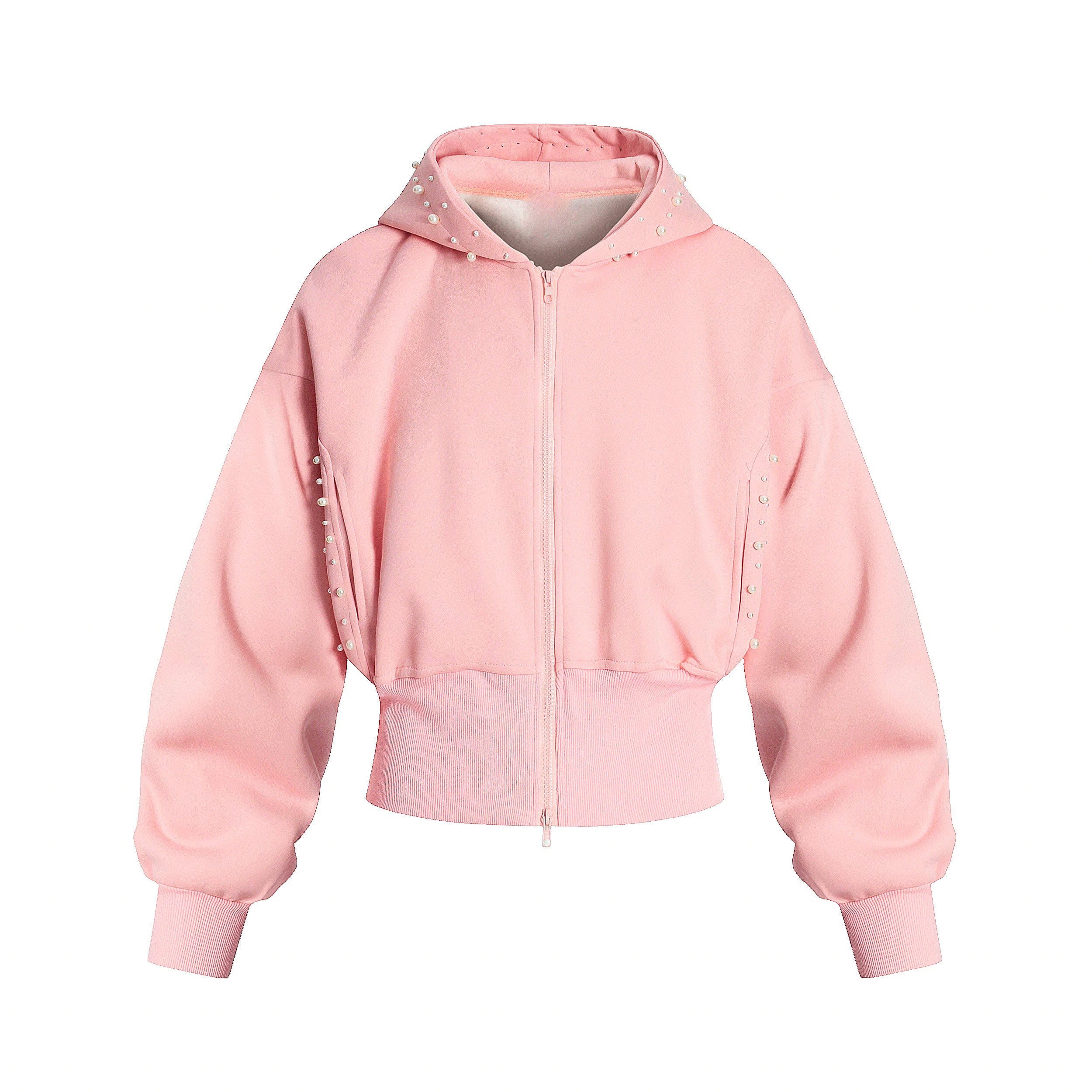 OV original American three-dimensional pearl design sense short hooded sweatshirt for women in autumn lazy style loose cardigan jacket