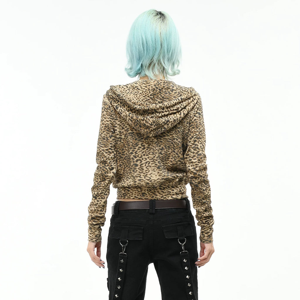 OV original American leopard print short zipper hooded sweatshirt for women in autumn, slim fit and slimming, waist cinching, spicy girl cardigan jacket