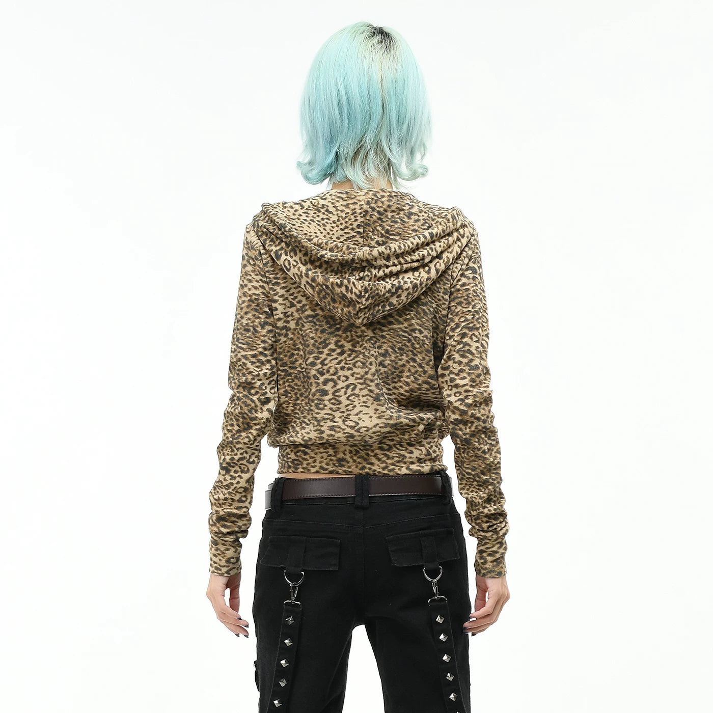 OV original American leopard print short zipper hooded sweatshirt for women in autumn, slim fit and slimming, waist cinching, spicy girl cardigan jacket