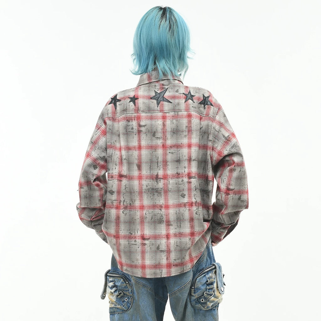 OV original American vintage dirty dyed checkered long sleeved shirt for men and women in autumn, loose, star studded embroidered shirt trend