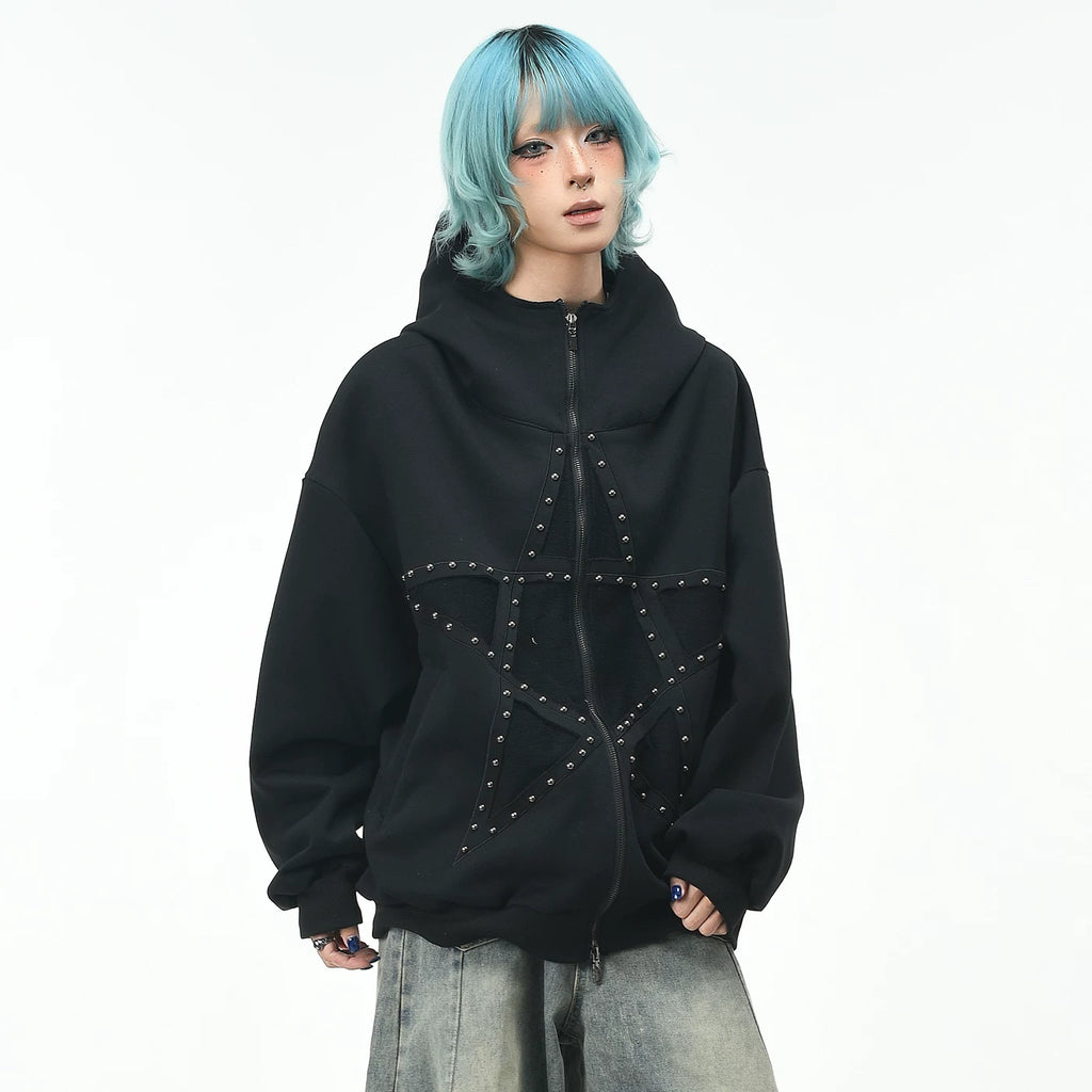 OV original high street retro pentagram rivet design hooded sweatshirt for men and women in autumn trendy brand loose cardigan jacket