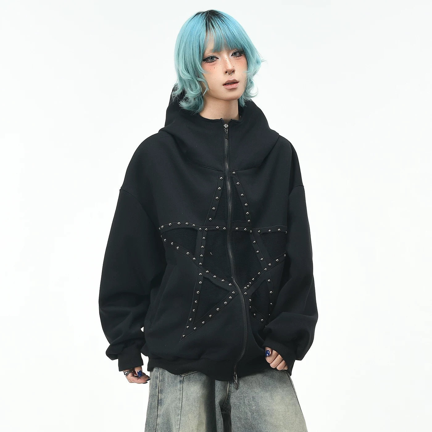 OV original high street retro pentagram rivet design hooded sweatshirt for men and women in autumn trendy brand loose cardigan jacket