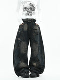 OV original American style random needle embroidery, vintage curved knife jeans, men's and women's destructive splicing, heavyweight loose wide leg pants