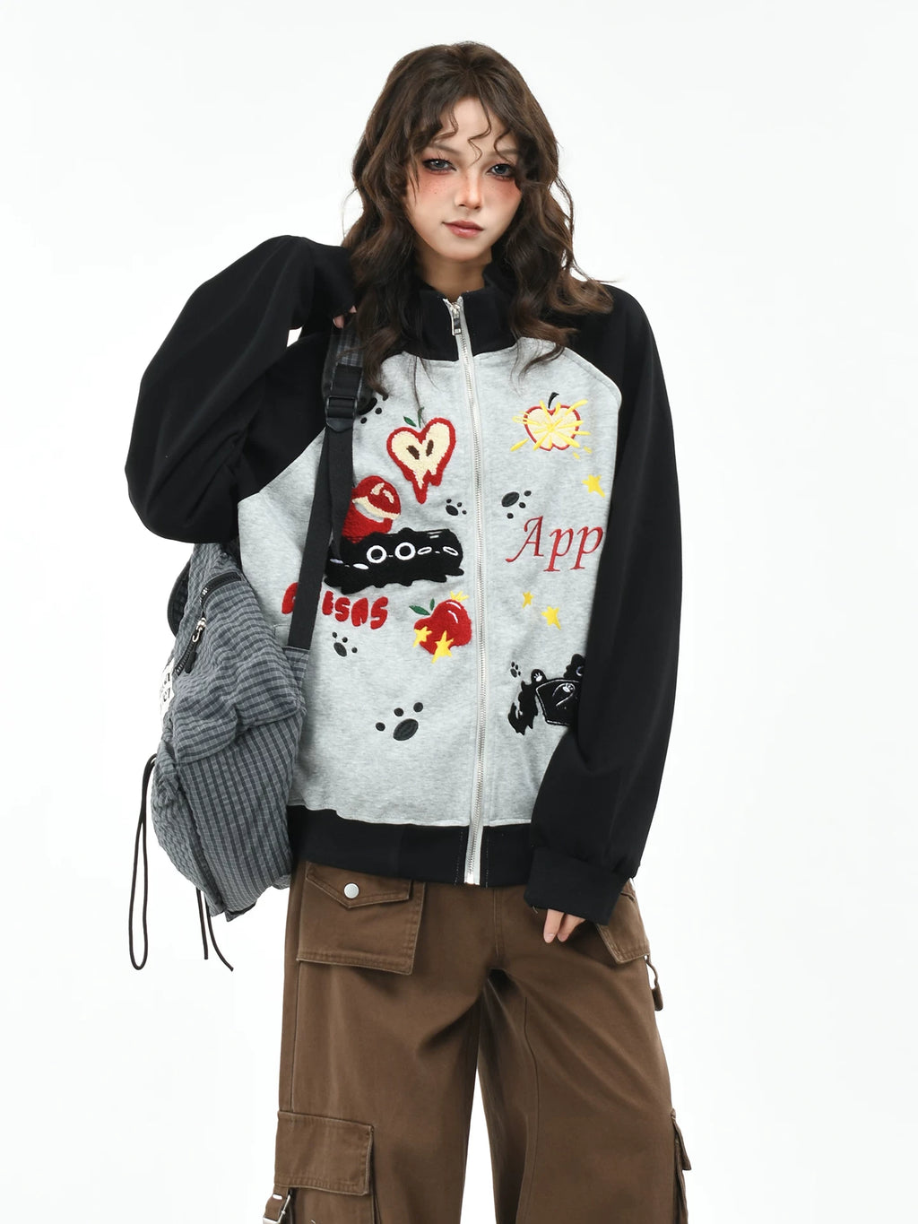 OV original fun cartoon towel embroidery cardigan zipper sweatshirt women's autumn contrasting color couple loose stand up collar jacket