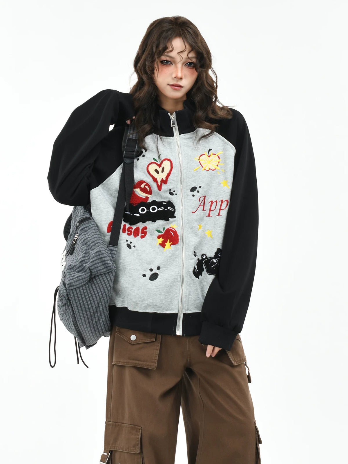 OV original fun cartoon towel embroidery cardigan zipper sweatshirt women's autumn contrasting color couple loose stand up collar jacket