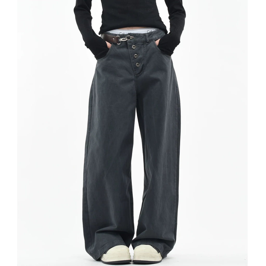 OV original American retro buckle design washed work pants for men and women niche design loose wide leg casual pants