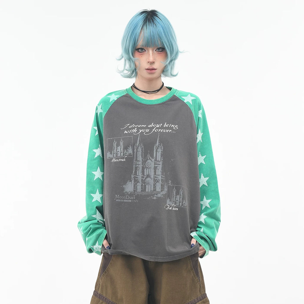 OV original/street hip-hop raglan sleeve contrasting long sleeved T-shirt for men and women in autumn fashion, loose vintage washed top